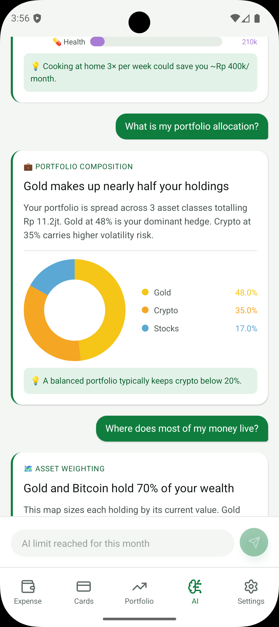 Grafik donat AI Finchie menampilkan komposisi portofolio: emas 48%, kripto 35%, saham 17%