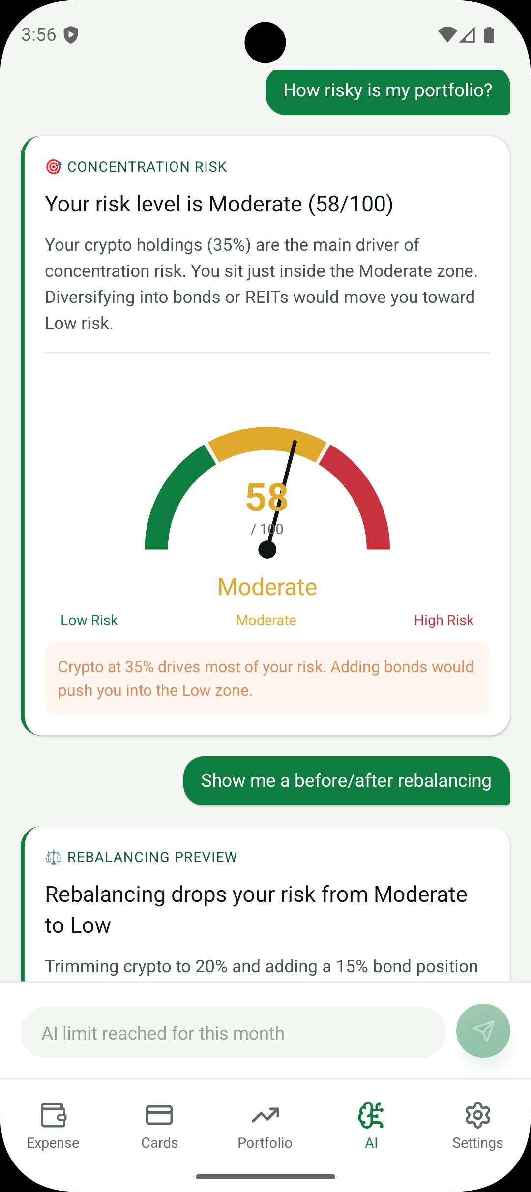 Indikator skor risiko konsentrasi AI Finchie menampilkan 58/100 (moderat)