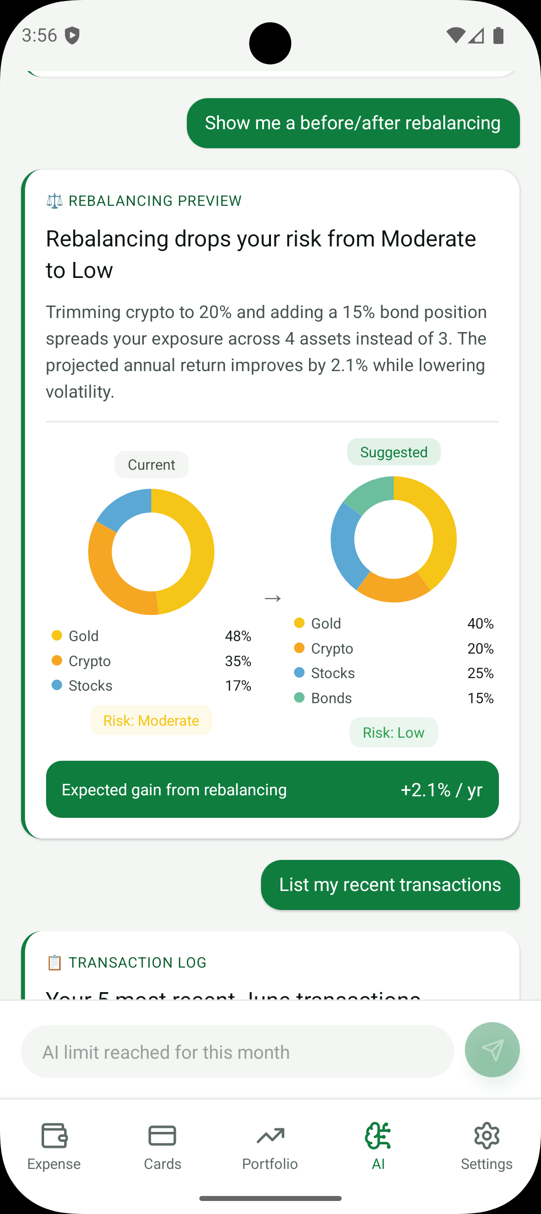 Pratinjau rebalancing AI Finchie membandingkan alokasi portofolio saat ini dan yang disarankan
