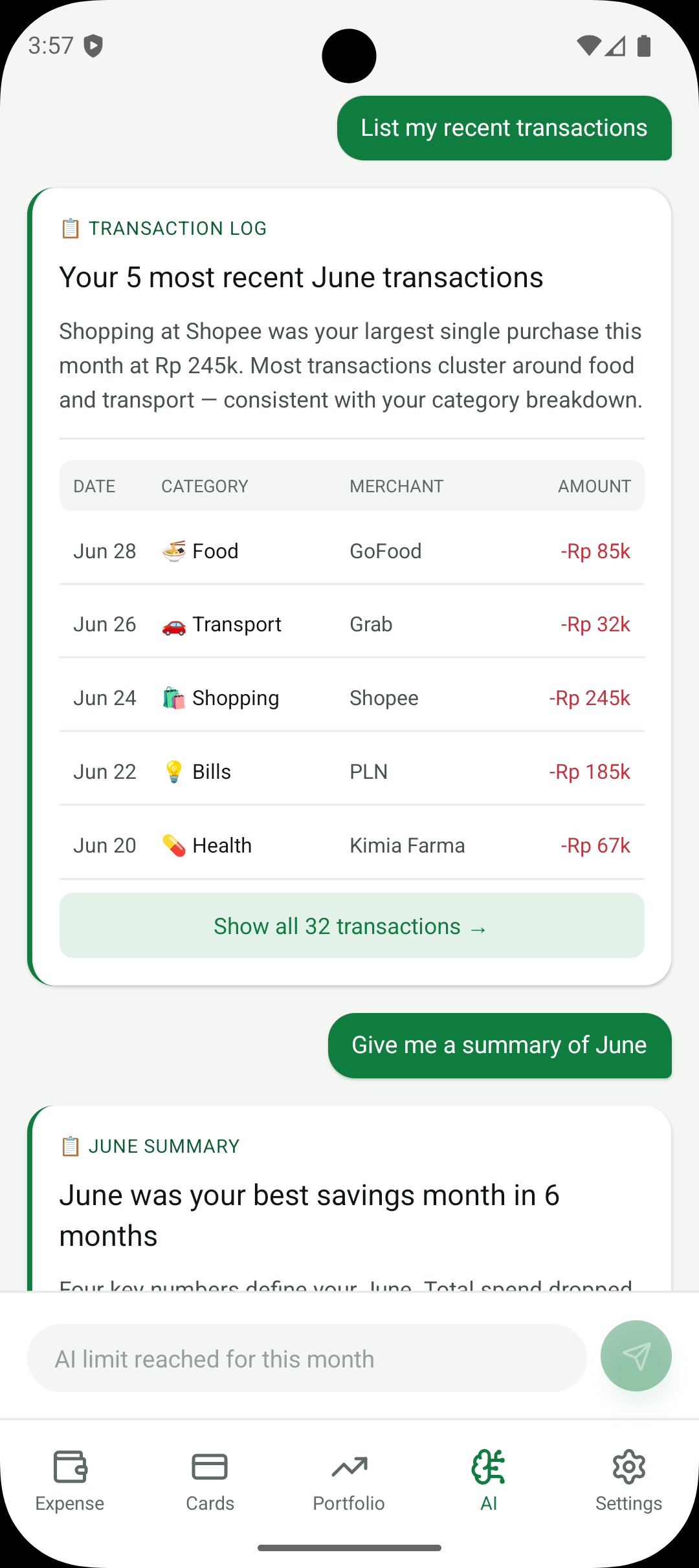Log transaksi AI Finchie menampilkan 5 transaksi Juni terbaru