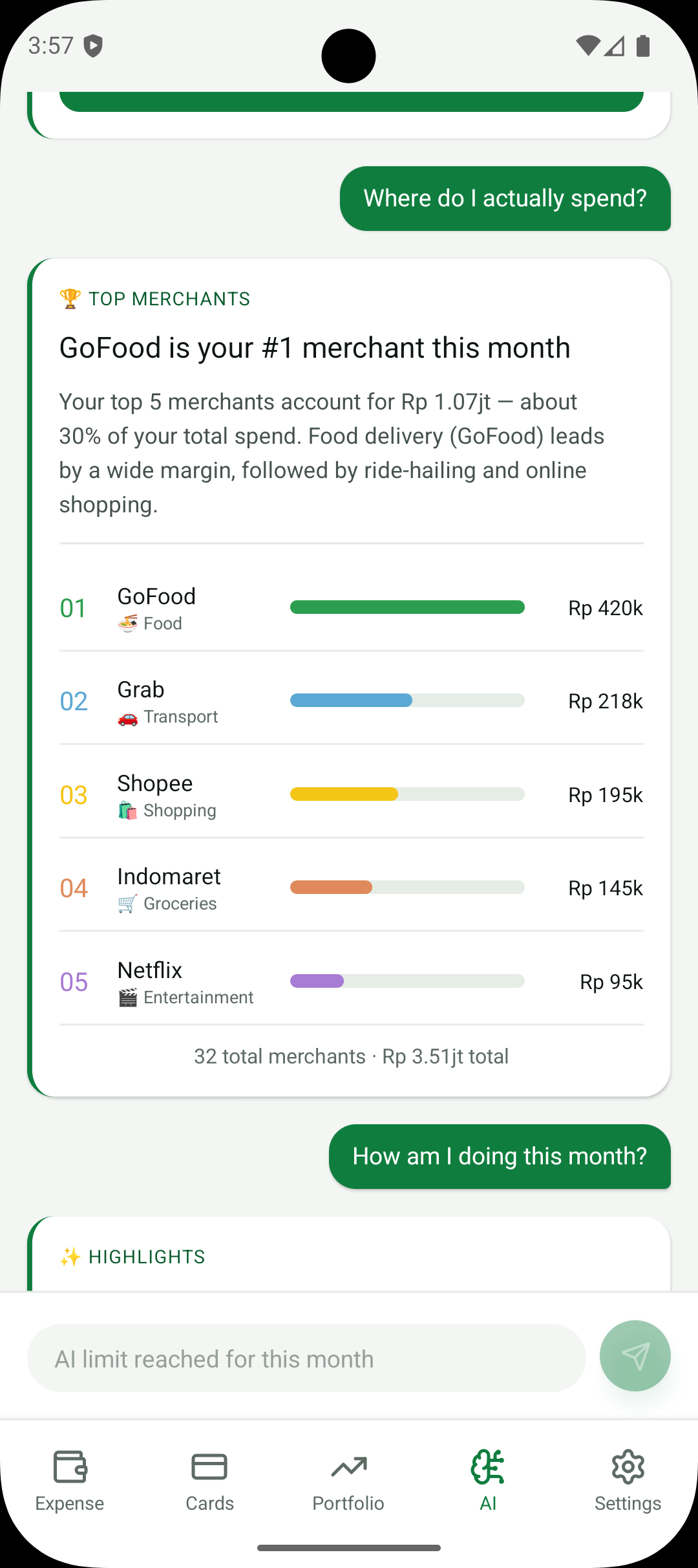 Peringkat merchant teratas AI Finchie menampilkan GoFood, Grab, dan Shopee