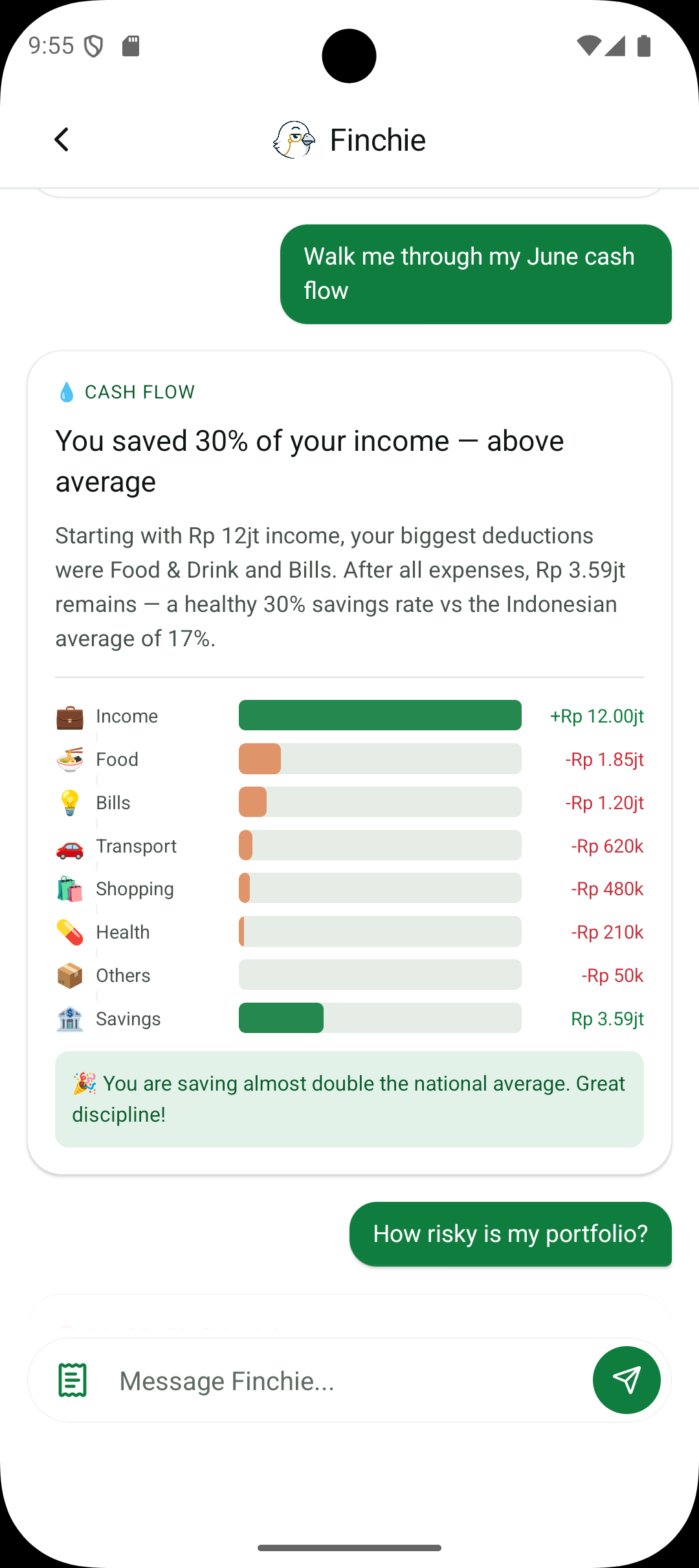 Tampilan chat AI Finchie menunjukkan rincian pengeluaran dengan grafik batang