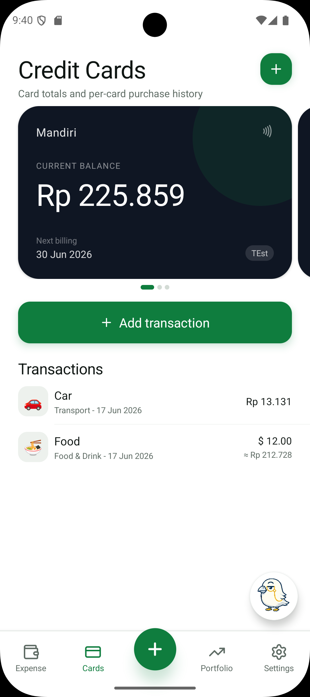 Pelacak kartu kredit Finchie menampilkan total per bank dan transaksi terbaru