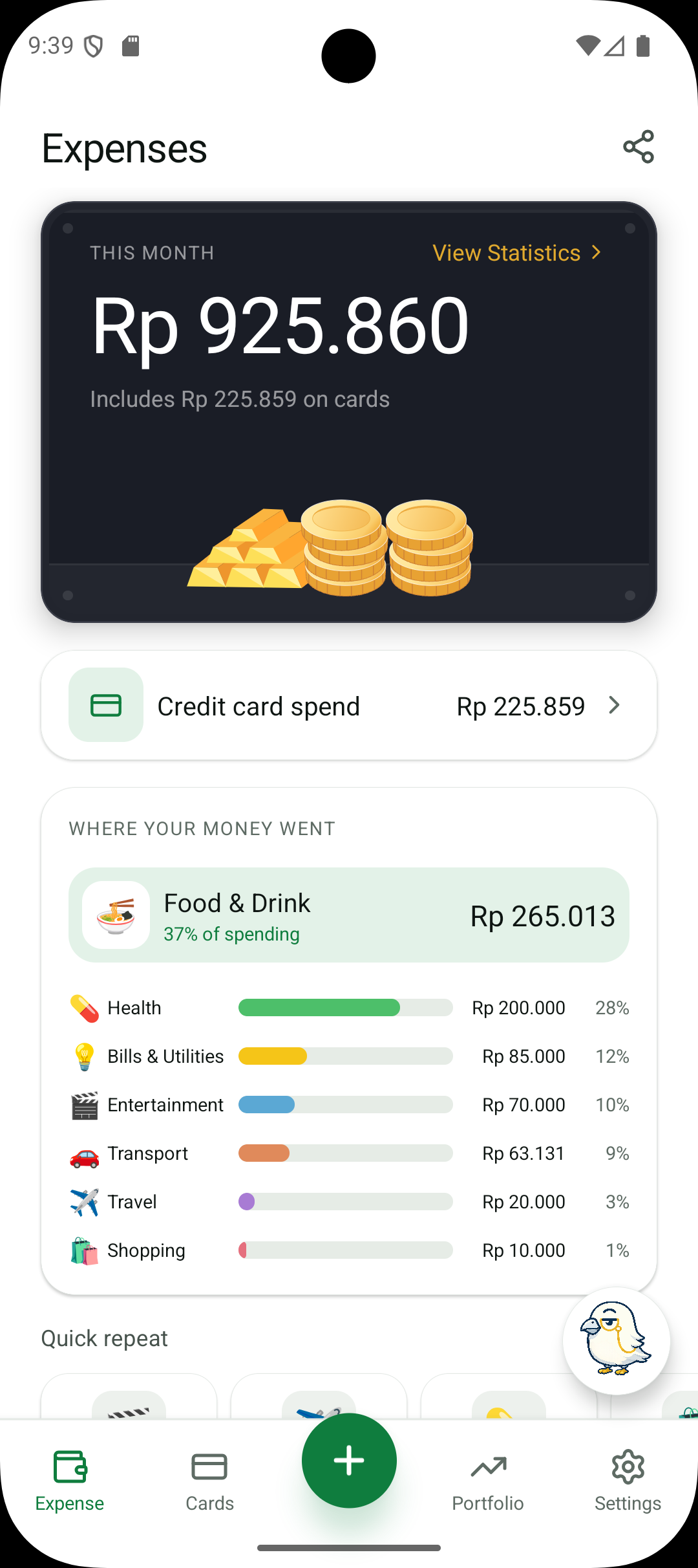 Dashboard pelacak pengeluaran Finchie menampilkan total bulan ini, Coin Vault, dan rincian kategori