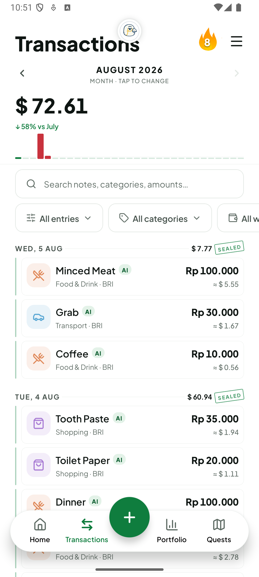 Daftar transaksi Finchie menampilkan catatan yang otomatis tercatat sebagai pengeluaran, ditandai AI, per tanggal dan kategori