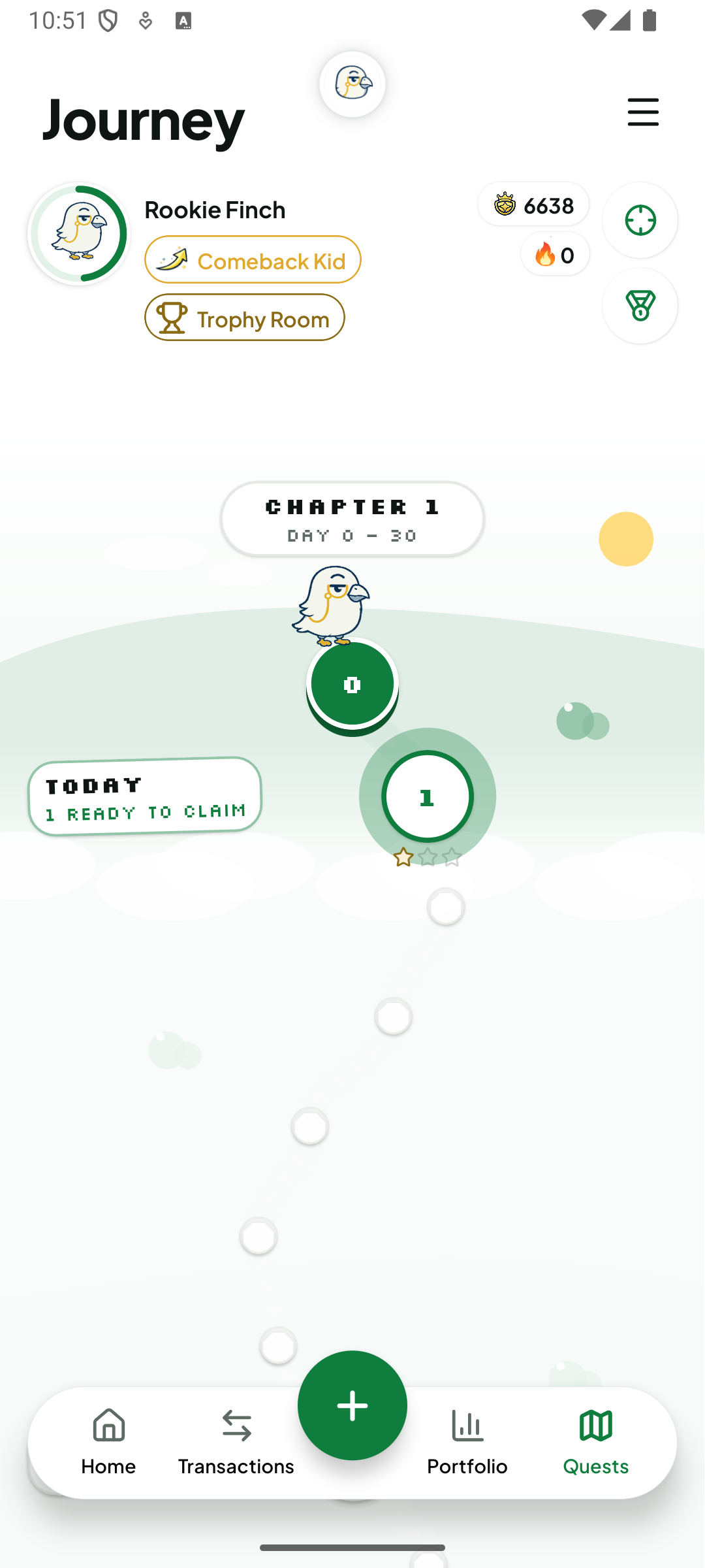 Peta Journey Finchie menampilkan progres Chapter 1 dan quest yang siap diklaim