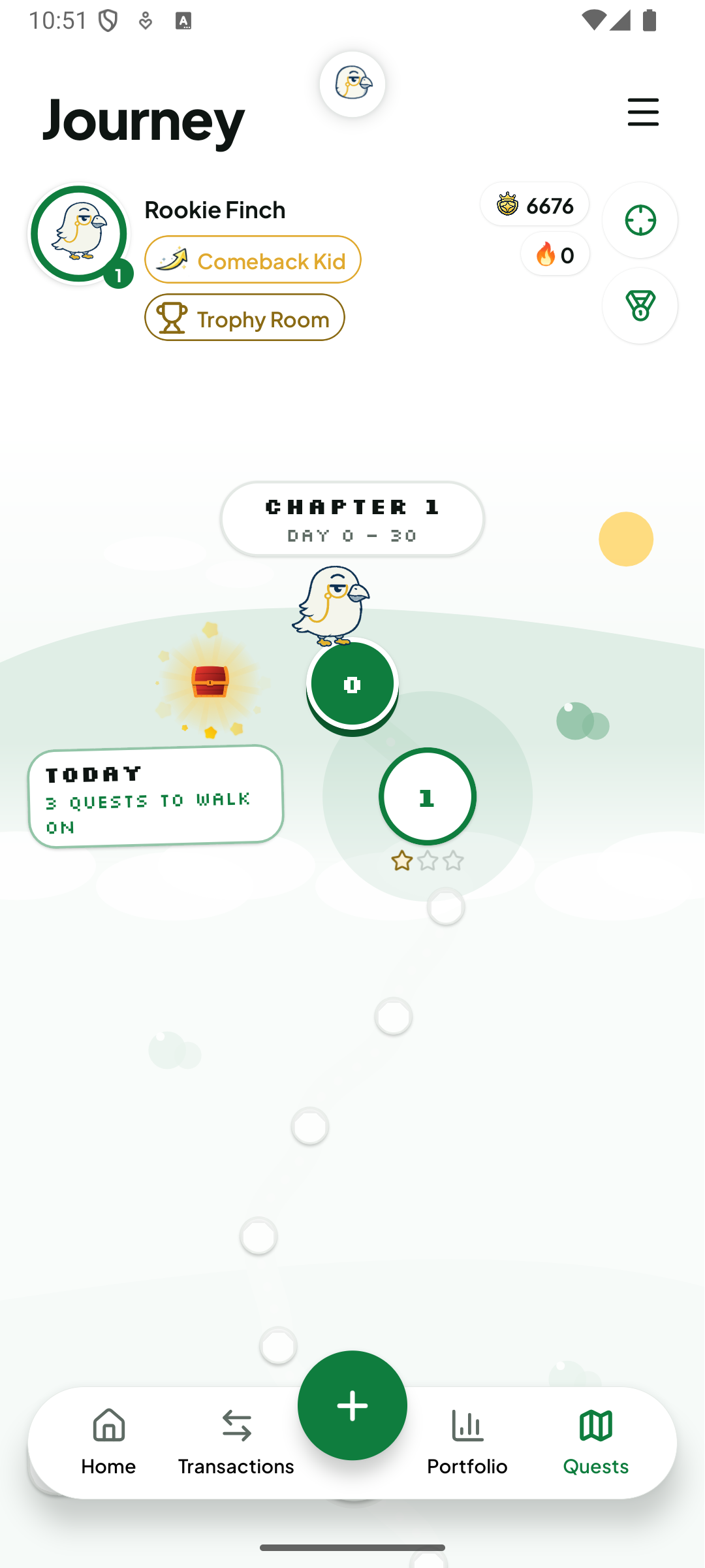 Peta Journey Finchie menampilkan hadiah peti harta karun dan quest yang harus diselesaikan