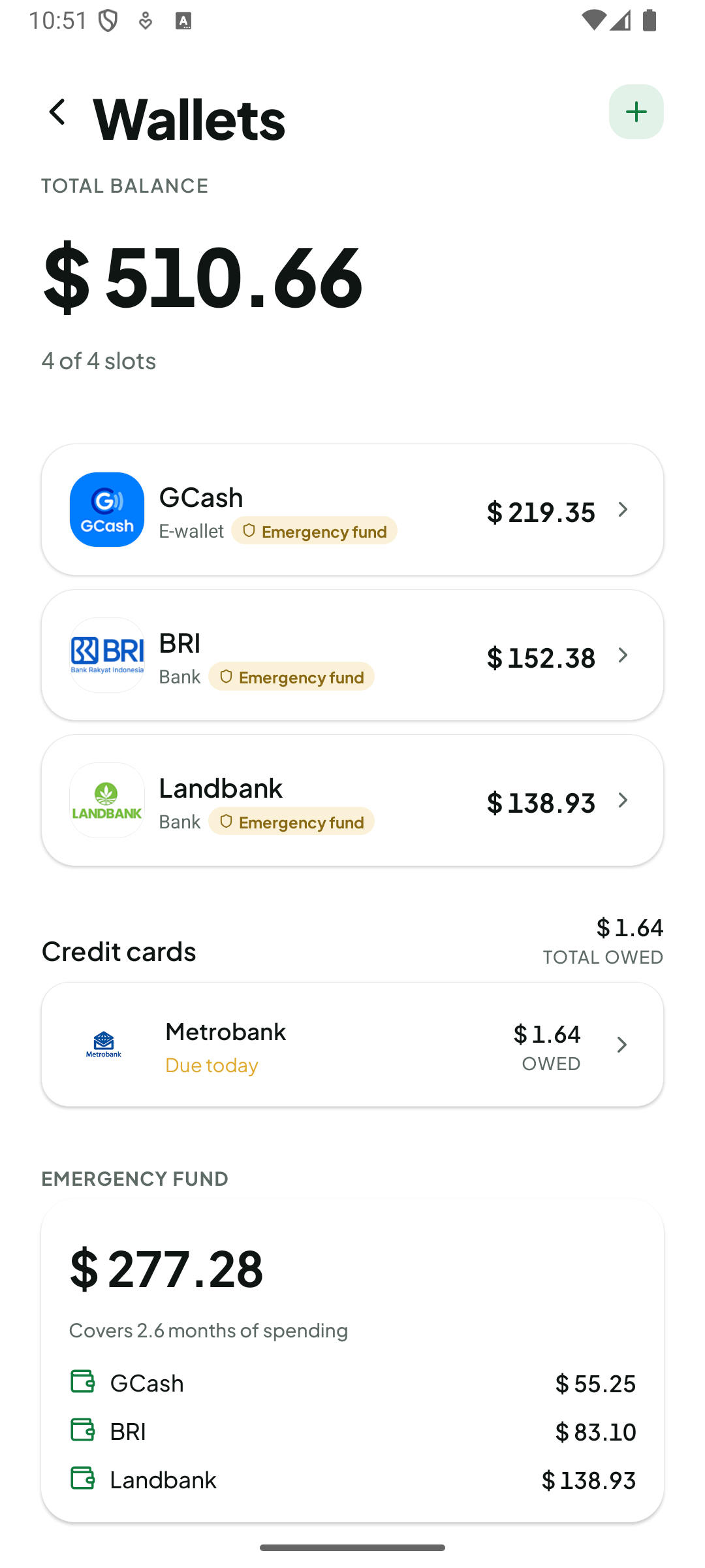 Layar dompet Finchie menampilkan saldo e-wallet dan bank, tagihan kartu kredit, dan cakupan dana darurat