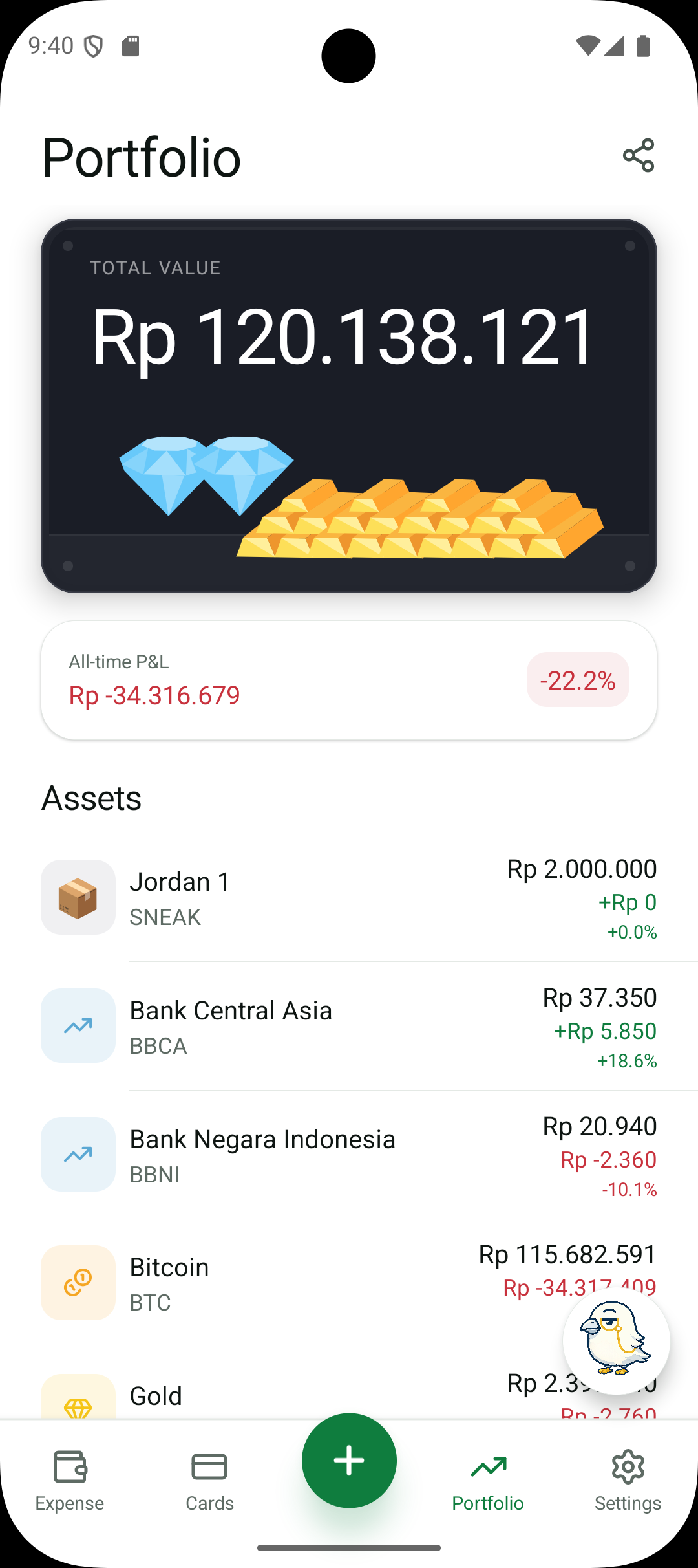 Pelacak portofolio Finchie menampilkan total nilai, untung/rugi, dan aset individual